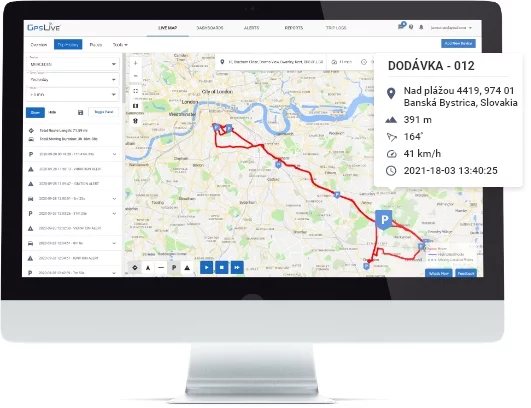 GPS Lokalizácia História trás Monitoring vozidiel Moja poloha
